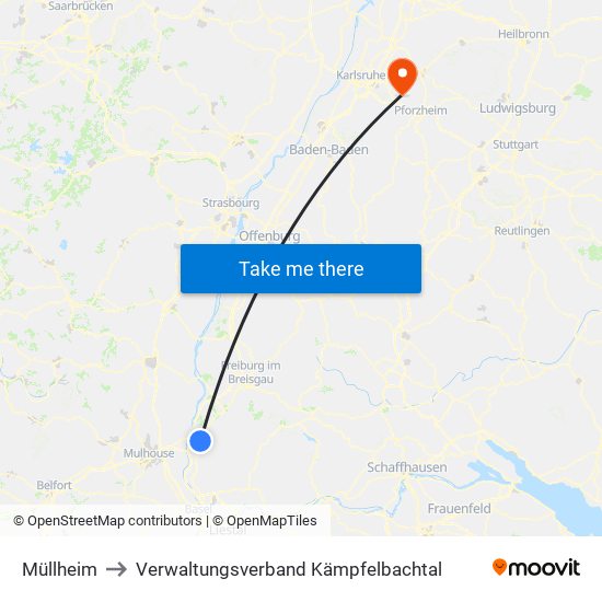Müllheim to Verwaltungsverband Kämpfelbachtal map