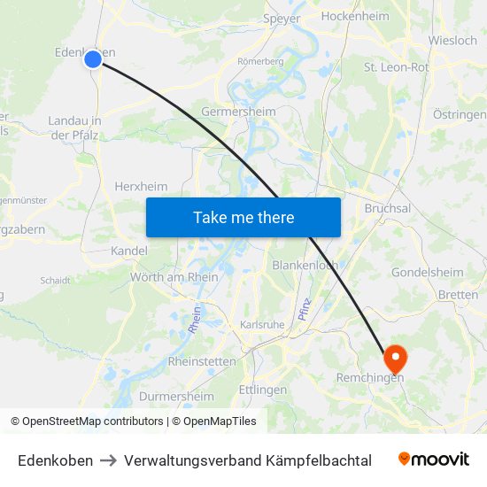 Edenkoben to Verwaltungsverband Kämpfelbachtal map