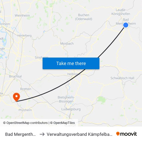 Bad Mergentheim to Verwaltungsverband Kämpfelbachtal map