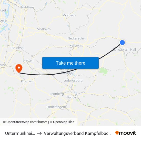 Untermünkheim to Verwaltungsverband Kämpfelbachtal map