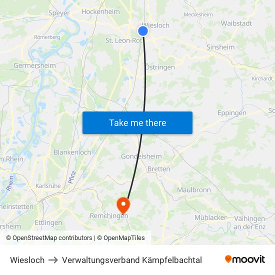 Wiesloch to Verwaltungsverband Kämpfelbachtal map