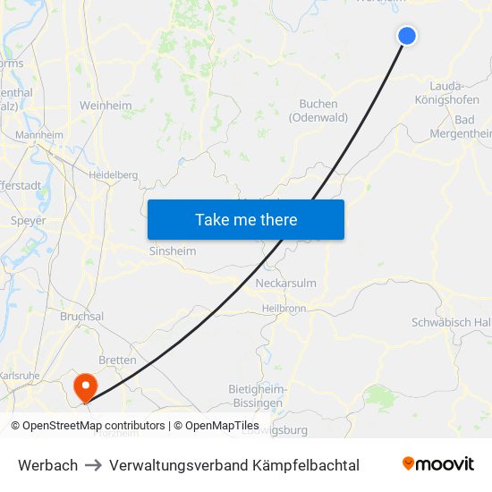 Werbach to Verwaltungsverband Kämpfelbachtal map