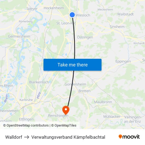 Walldorf to Verwaltungsverband Kämpfelbachtal map