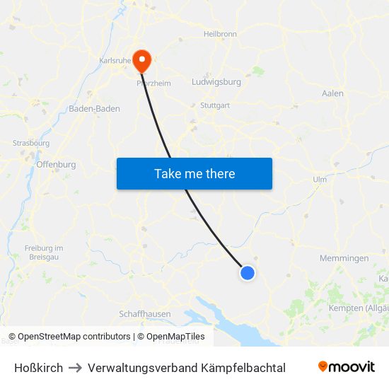 Hoßkirch to Verwaltungsverband Kämpfelbachtal map