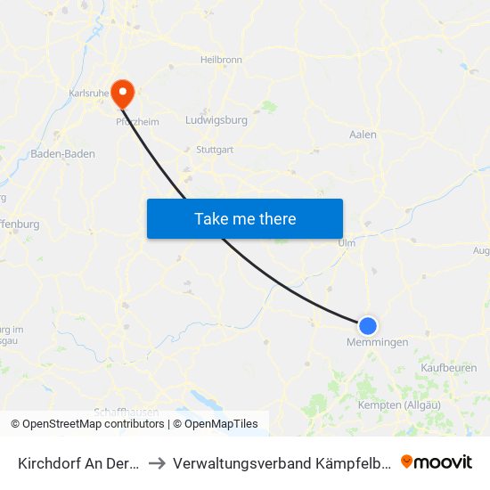 Kirchdorf An Der Iller to Verwaltungsverband Kämpfelbachtal map