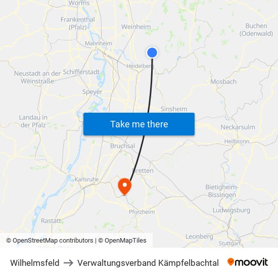 Wilhelmsfeld to Verwaltungsverband Kämpfelbachtal map