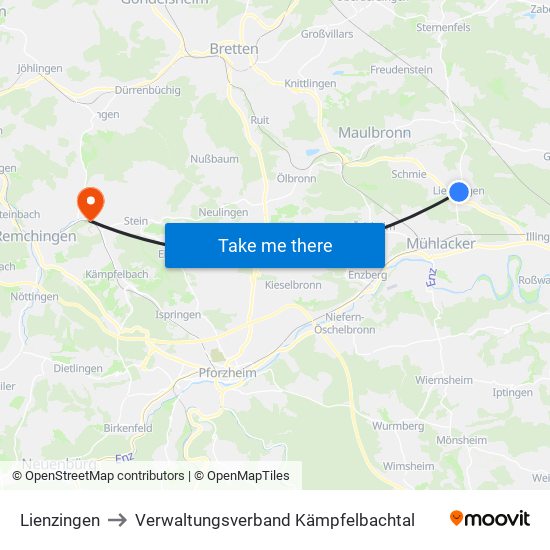 Lienzingen to Verwaltungsverband Kämpfelbachtal map