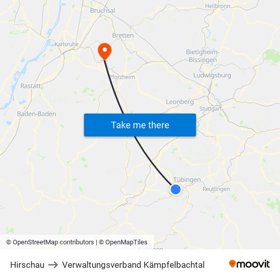 Hirschau to Verwaltungsverband Kämpfelbachtal map