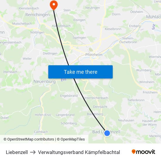 Liebenzell to Verwaltungsverband Kämpfelbachtal map