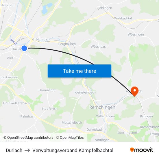 Durlach to Verwaltungsverband Kämpfelbachtal map