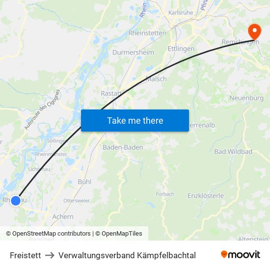 Freistett to Verwaltungsverband Kämpfelbachtal map