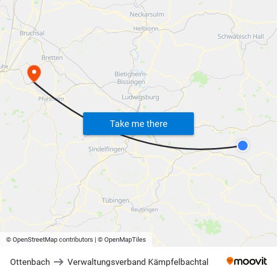 Ottenbach to Verwaltungsverband Kämpfelbachtal map
