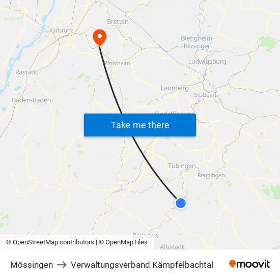 Mössingen to Verwaltungsverband Kämpfelbachtal map