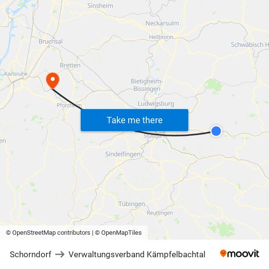 Schorndorf to Verwaltungsverband Kämpfelbachtal map