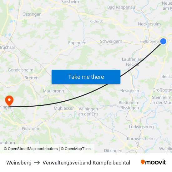 Weinsberg to Verwaltungsverband Kämpfelbachtal map