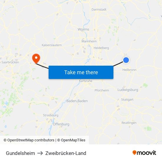 Gundelsheim to Zweibrücken-Land map