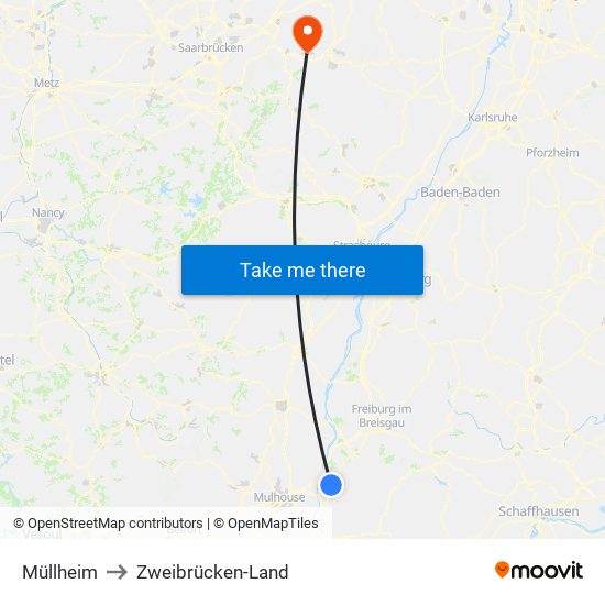 Müllheim to Zweibrücken-Land map