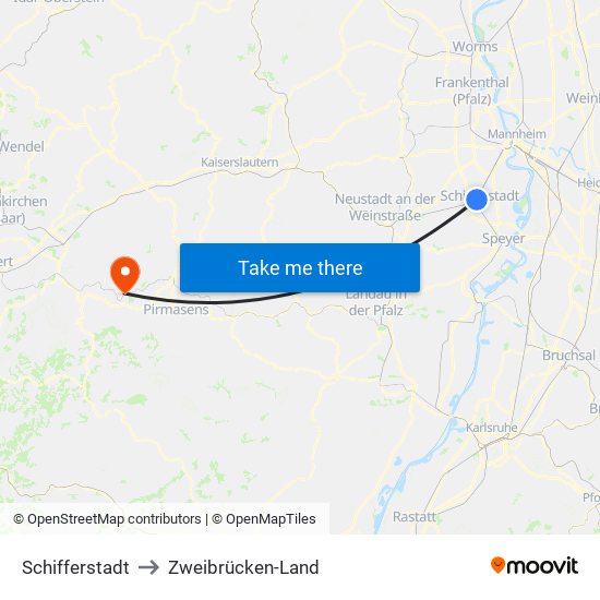 Schifferstadt to Zweibrücken-Land map