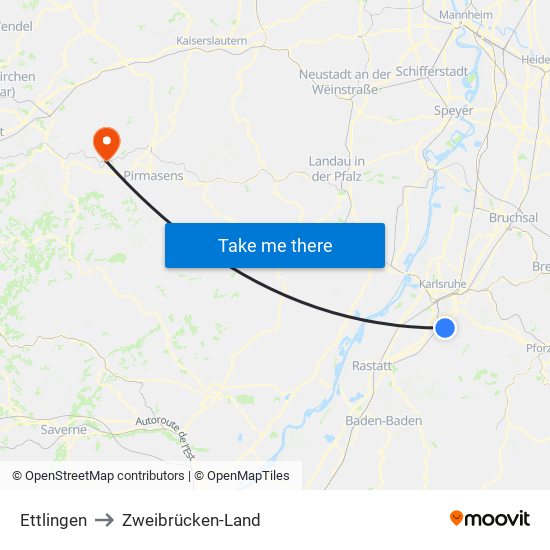 Ettlingen to Zweibrücken-Land map