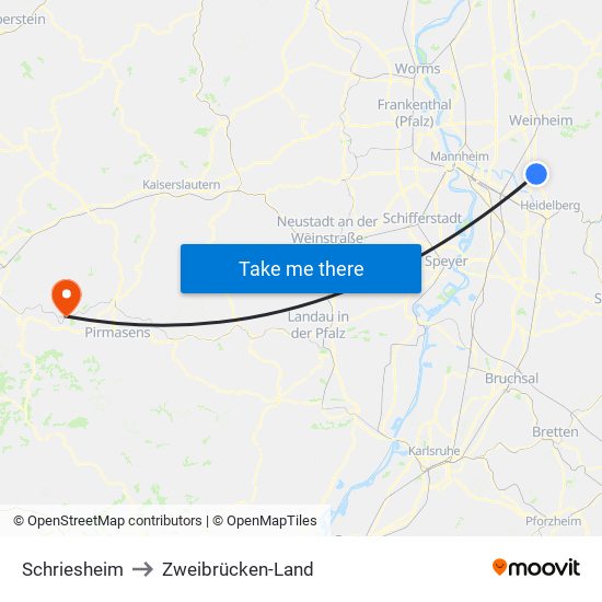 Schriesheim to Zweibrücken-Land map