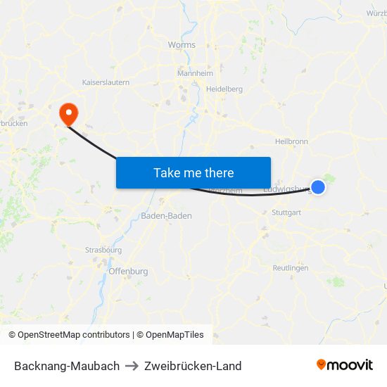 Backnang-Maubach to Zweibrücken-Land map