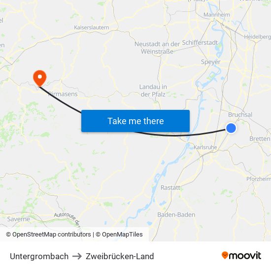 Untergrombach to Zweibrücken-Land map