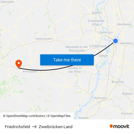 Friedrichsfeld to Zweibrücken-Land map