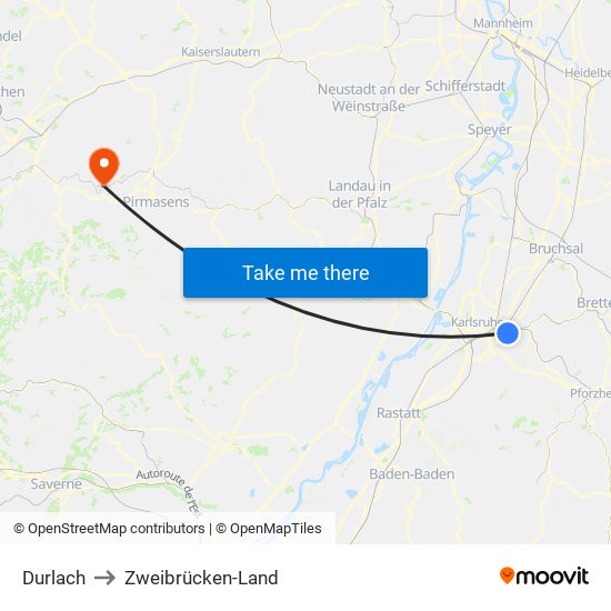 Durlach to Zweibrücken-Land map