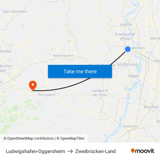 Ludwigshafen-Oggersheim to Zweibrücken-Land map