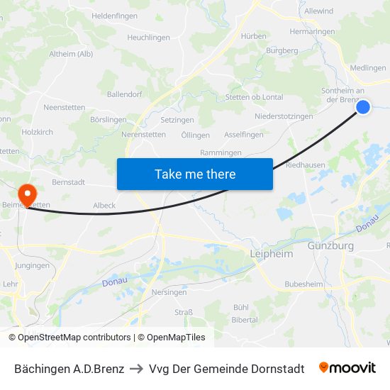 Bächingen A.D.Brenz to Vvg Der Gemeinde Dornstadt map