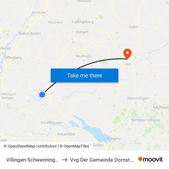 Villingen-Schwenningen to Vvg Der Gemeinde Dornstadt map