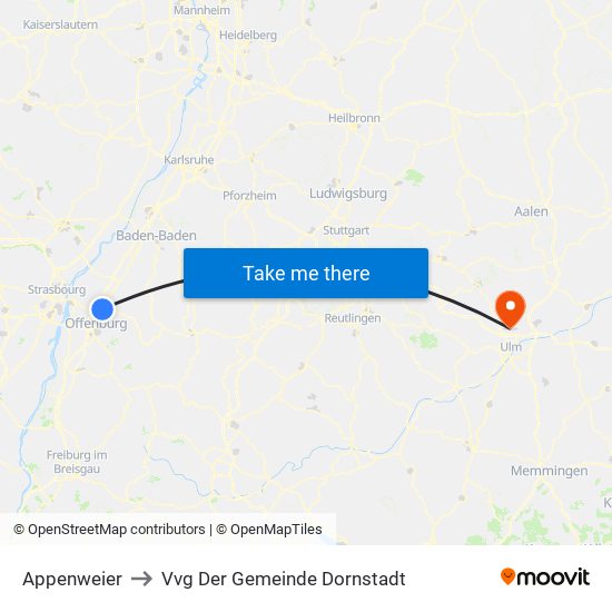 Appenweier to Vvg Der Gemeinde Dornstadt map