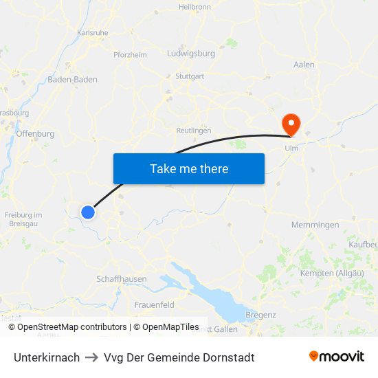 Unterkirnach to Vvg Der Gemeinde Dornstadt map