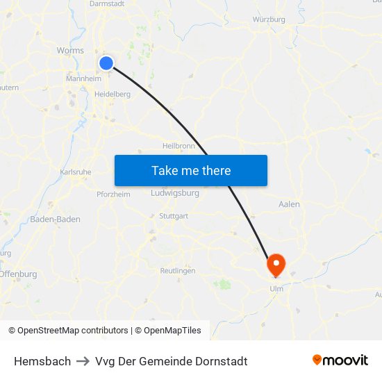 Hemsbach to Vvg Der Gemeinde Dornstadt map