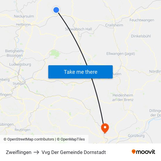 Zweiflingen to Vvg Der Gemeinde Dornstadt map