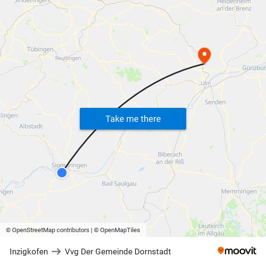 Inzigkofen to Vvg Der Gemeinde Dornstadt map