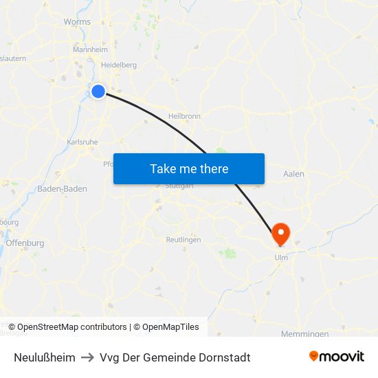 Neulußheim to Vvg Der Gemeinde Dornstadt map