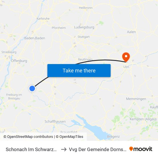 Schonach Im Schwarzwald to Vvg Der Gemeinde Dornstadt map