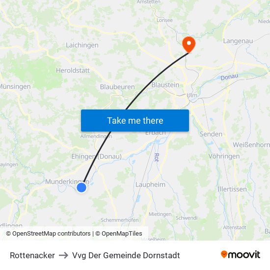 Rottenacker to Vvg Der Gemeinde Dornstadt map