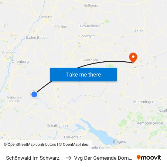 Schönwald Im Schwarzwald to Vvg Der Gemeinde Dornstadt map