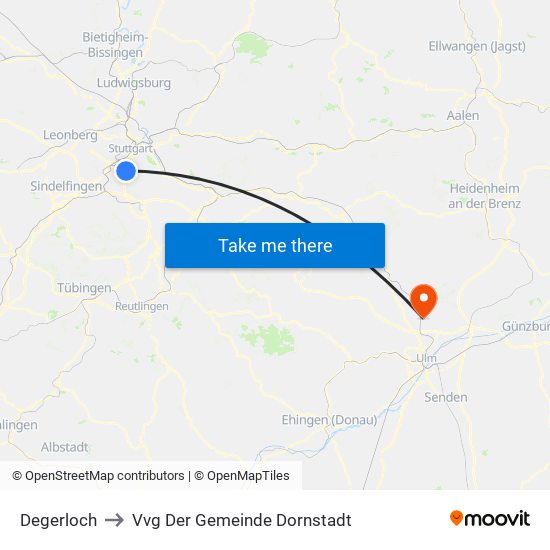 Degerloch to Vvg Der Gemeinde Dornstadt map