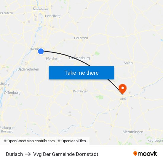 Durlach to Vvg Der Gemeinde Dornstadt map