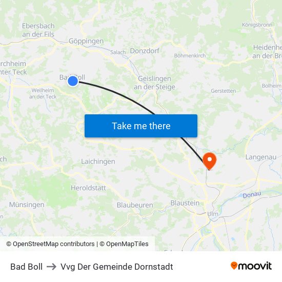 Bad Boll to Vvg Der Gemeinde Dornstadt map