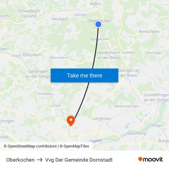 Oberkochen to Vvg Der Gemeinde Dornstadt map