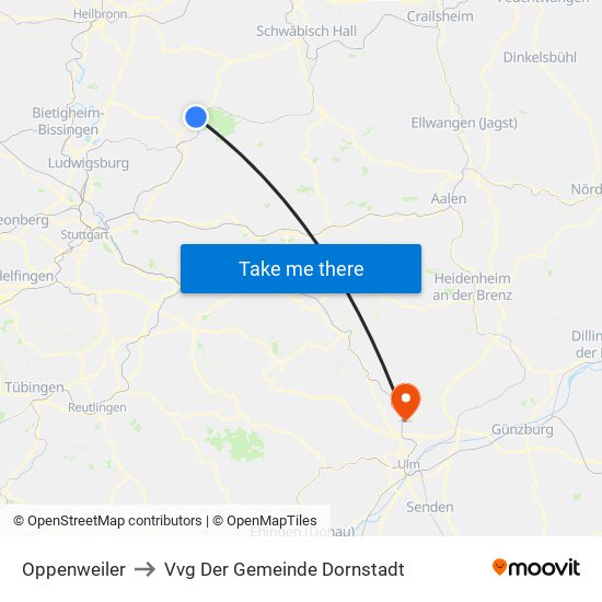 Oppenweiler to Vvg Der Gemeinde Dornstadt map