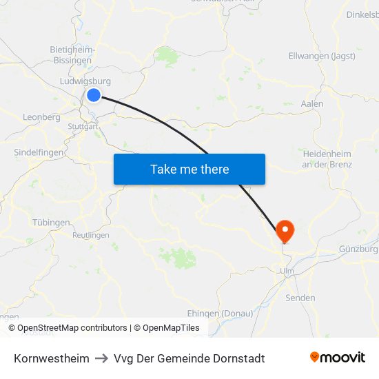 Kornwestheim to Vvg Der Gemeinde Dornstadt map