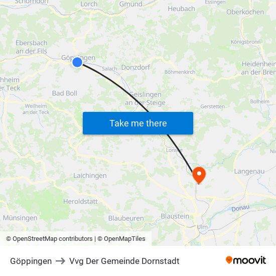 Göppingen to Vvg Der Gemeinde Dornstadt map