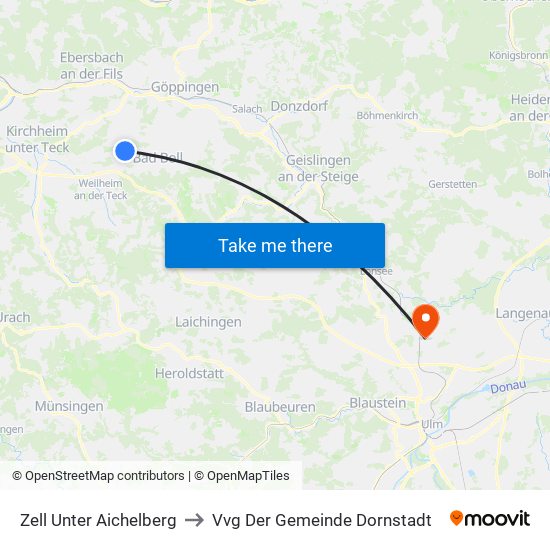 Zell Unter Aichelberg to Vvg Der Gemeinde Dornstadt map