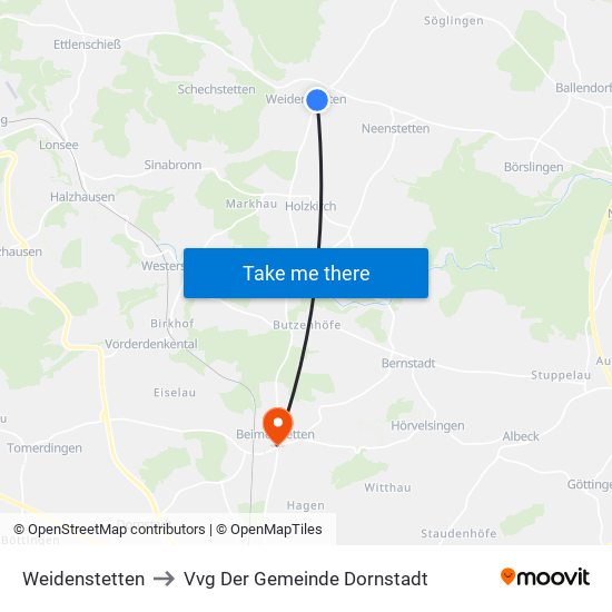 Weidenstetten to Vvg Der Gemeinde Dornstadt map