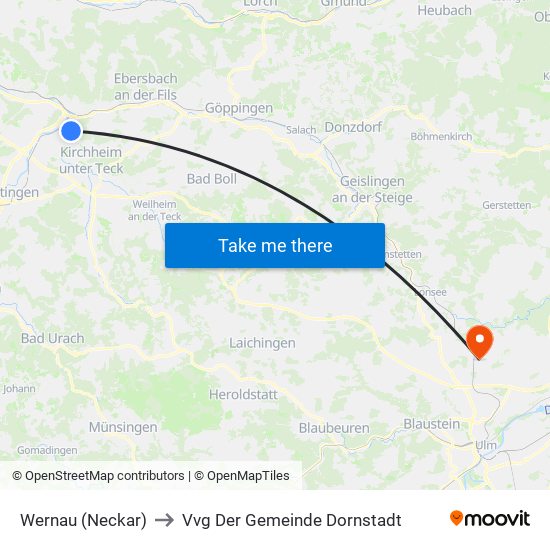 Wernau (Neckar) to Vvg Der Gemeinde Dornstadt map